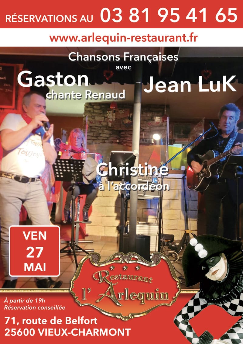 Soirée Chanson française avec Jean Luk, Gaston chante Renaud et Christine à l'accordéon le vendredi 27 mai
