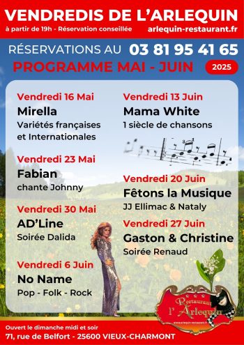 programme mai juin 2025 des Vendredis de l'arlequin