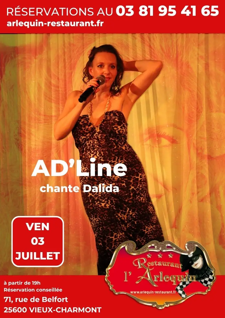 AD'Line chante Dalida en spectacle à l'arlequin le 3 juillet 2026 AD'Line chante Dalida en spectacle à l'arlequin le 3 juillet 2026